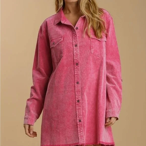 Hot Pink Stone Wash Corduroy Strechy Dress Button Down With Pockets | Color: Pink | Size: S | Erindunn74's Closet